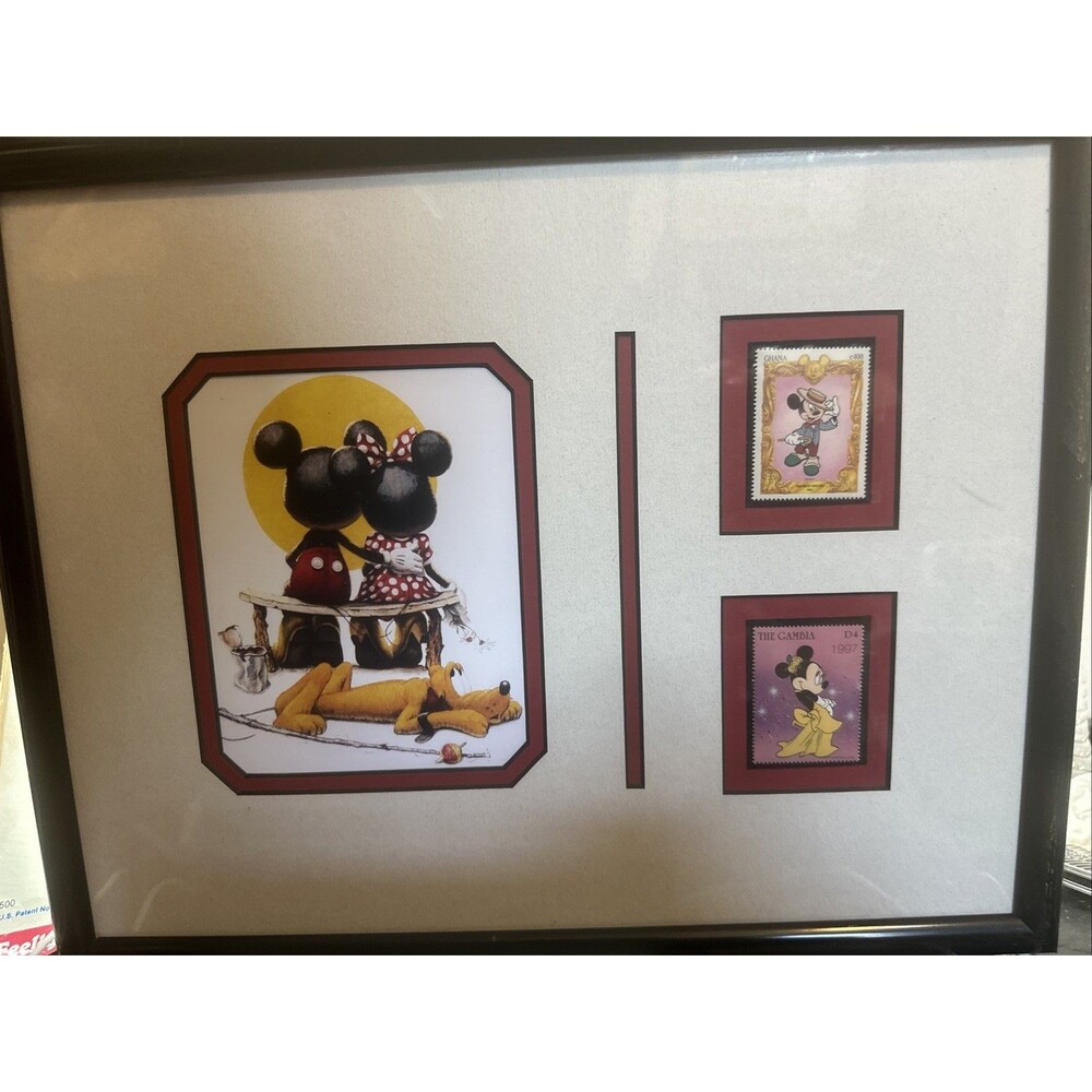 Vintage Walt Disney mickey mouse stamp framed display 12x15” inch frame Ghana